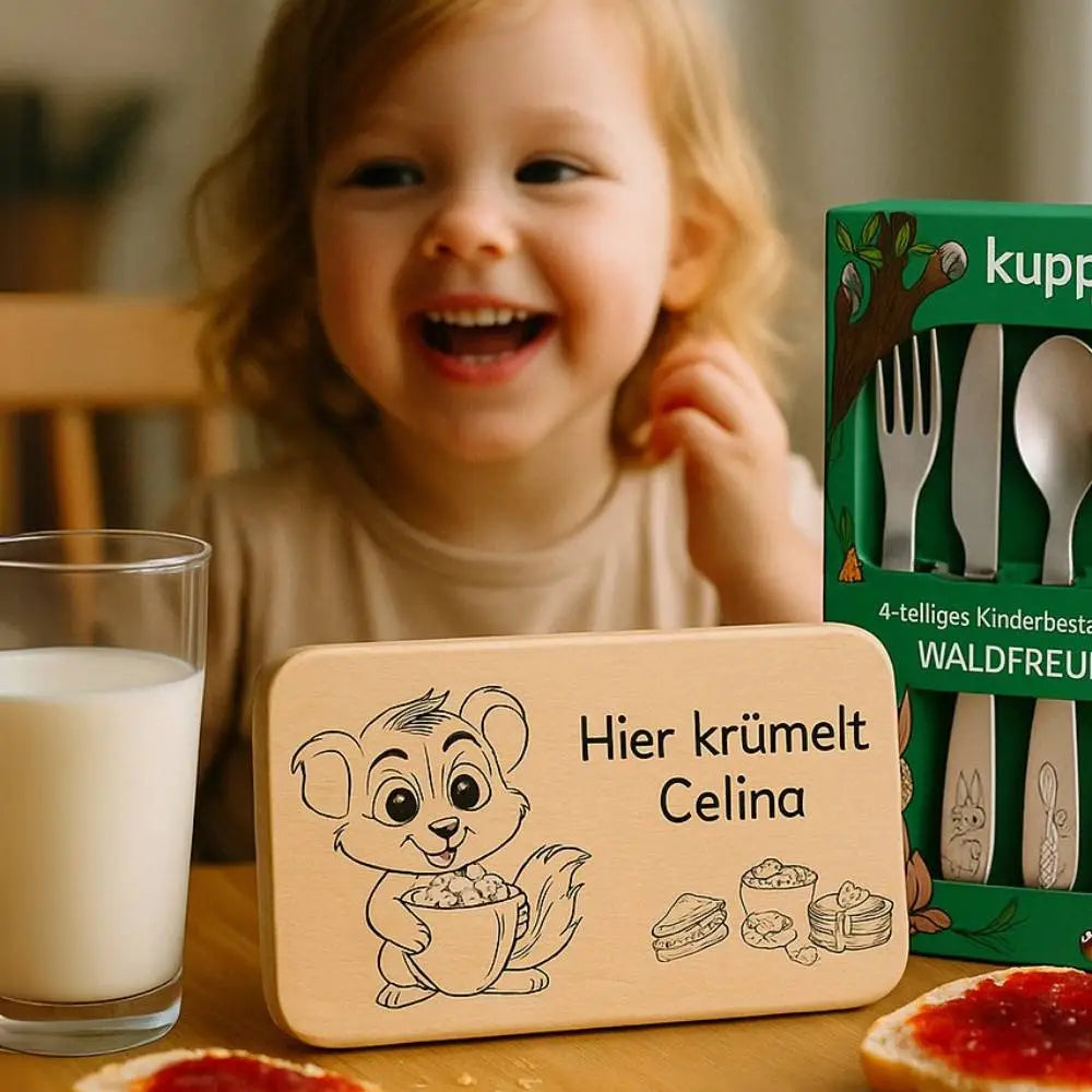 „Kinder-Frühstücksbrett aus Holz und Kinderbesteck mit Namensgravur und Bärenmotiv“