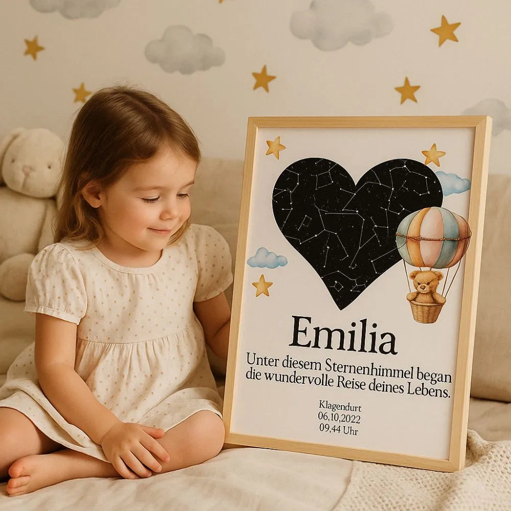 „Sternenkarte mit exaktem Nachthimmel bei Geburt – Geschenk zur Taufe oder Baby-Deko“