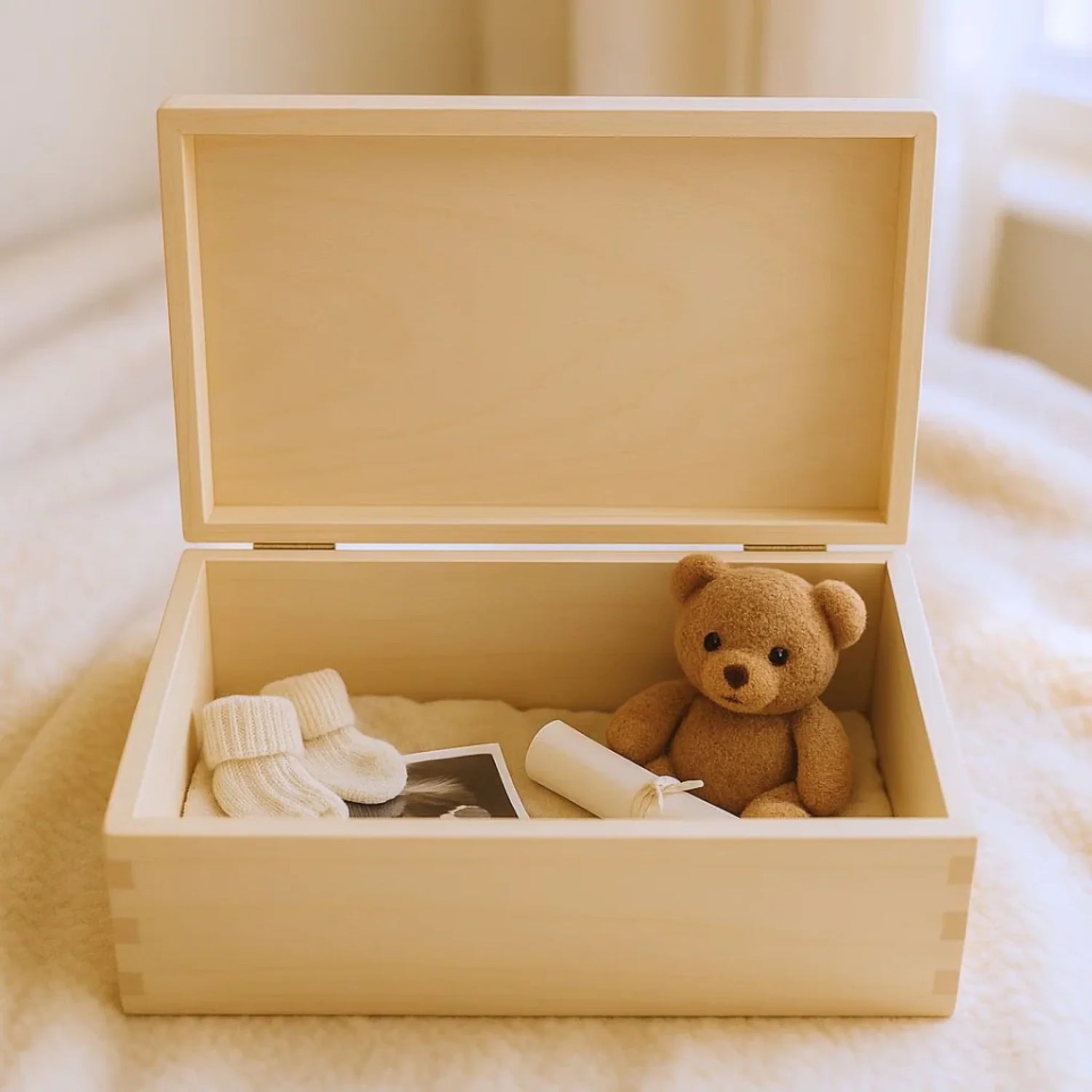 "Teddy Schatzkiste aus Holz, individuell graviert mit Namen und Geburtsdatum – ideales Geschenk zur Geburt oder Taufe."
