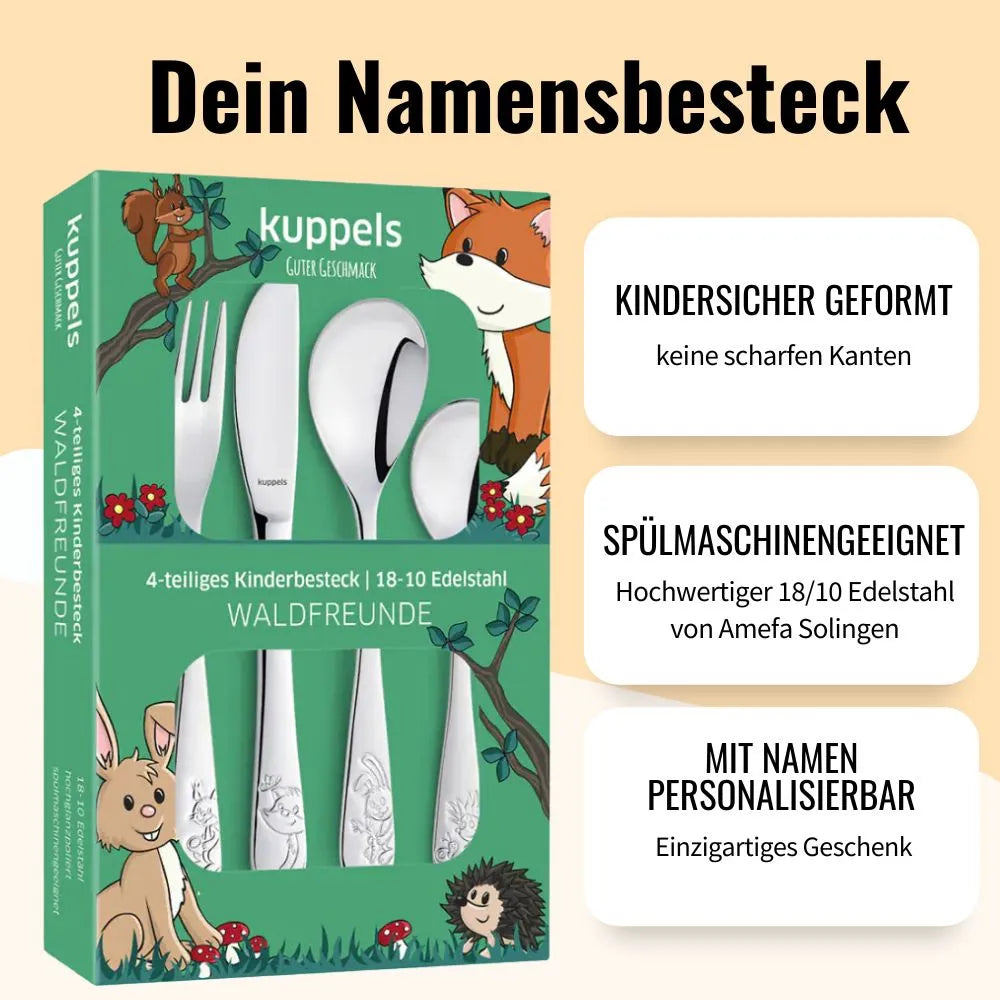 „Graviertes Besteck für Kinder mit Namen – ergonomisch & spülmaschinenfest“