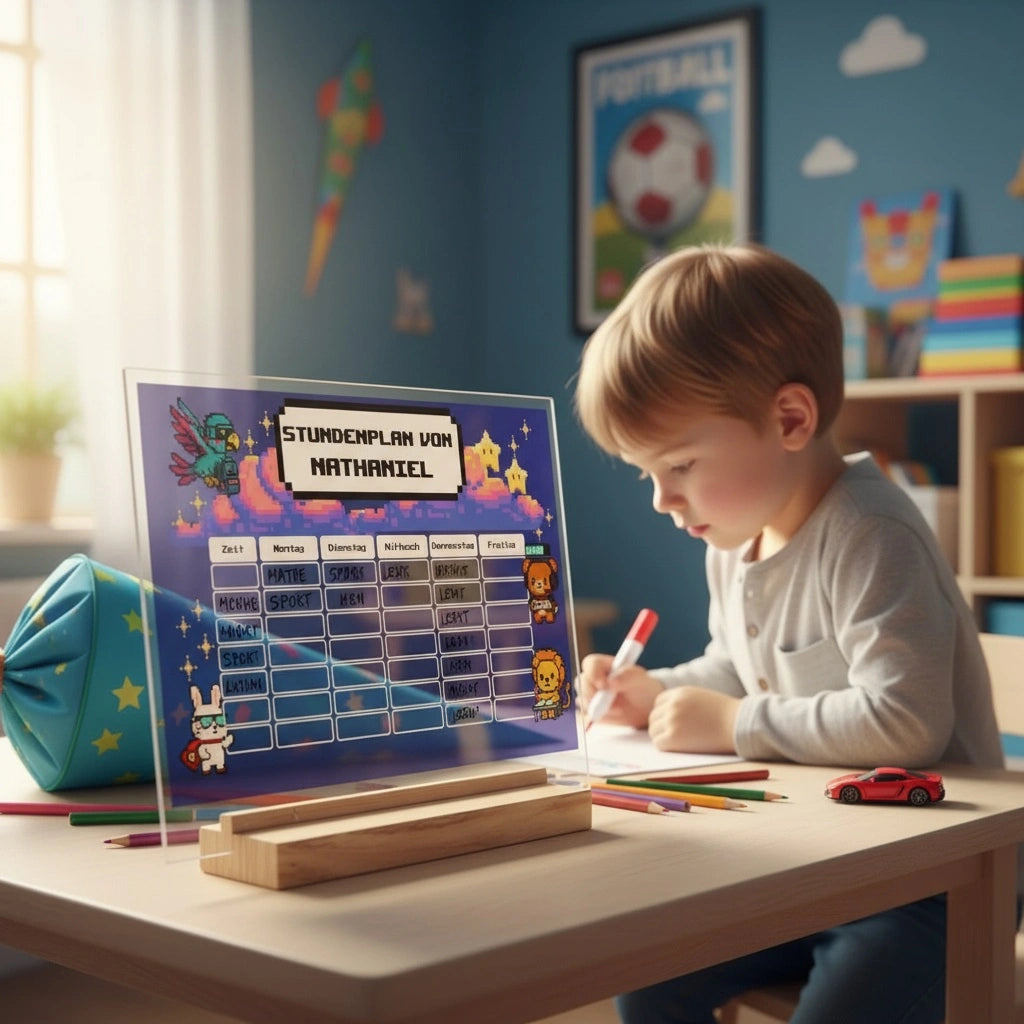 Junge sitzt an einem Schreibtisch im Kinderzimmer und schreibt mit einem bunten Stift auf einen Acrylglas-Stundenplaner mit Holzständer; daneben liegen Schultüte, Buntstifte und Spielzeugauto, im Hintergrund typische Jungenzimmer-Details und Tageslicht.
