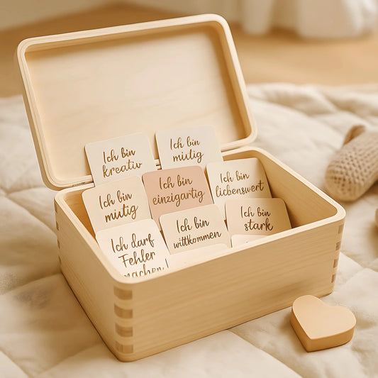 „Personalisierte Erinnerungskiste aus Holz mit Affirmationskarten für Kinder – liebevoll gestaltetes Geschenk zur Geburt, Taufe oder Einschulung mit positiven Botschaften wie ‚Ich bin einzigartig‘ und ‚Ich bin liebenswert‘.“