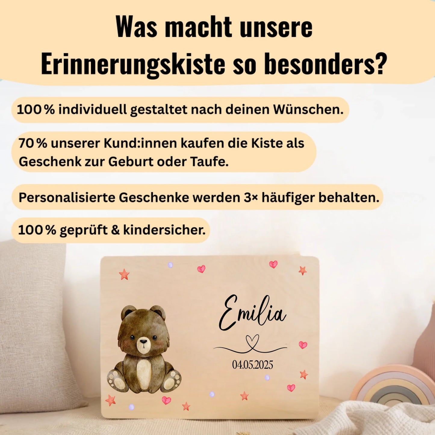 FSC-Holzkiste mit Tiermotiv und Namensdruck – perfekte Erinnerungskiste und Geschenkidee für Kinder.