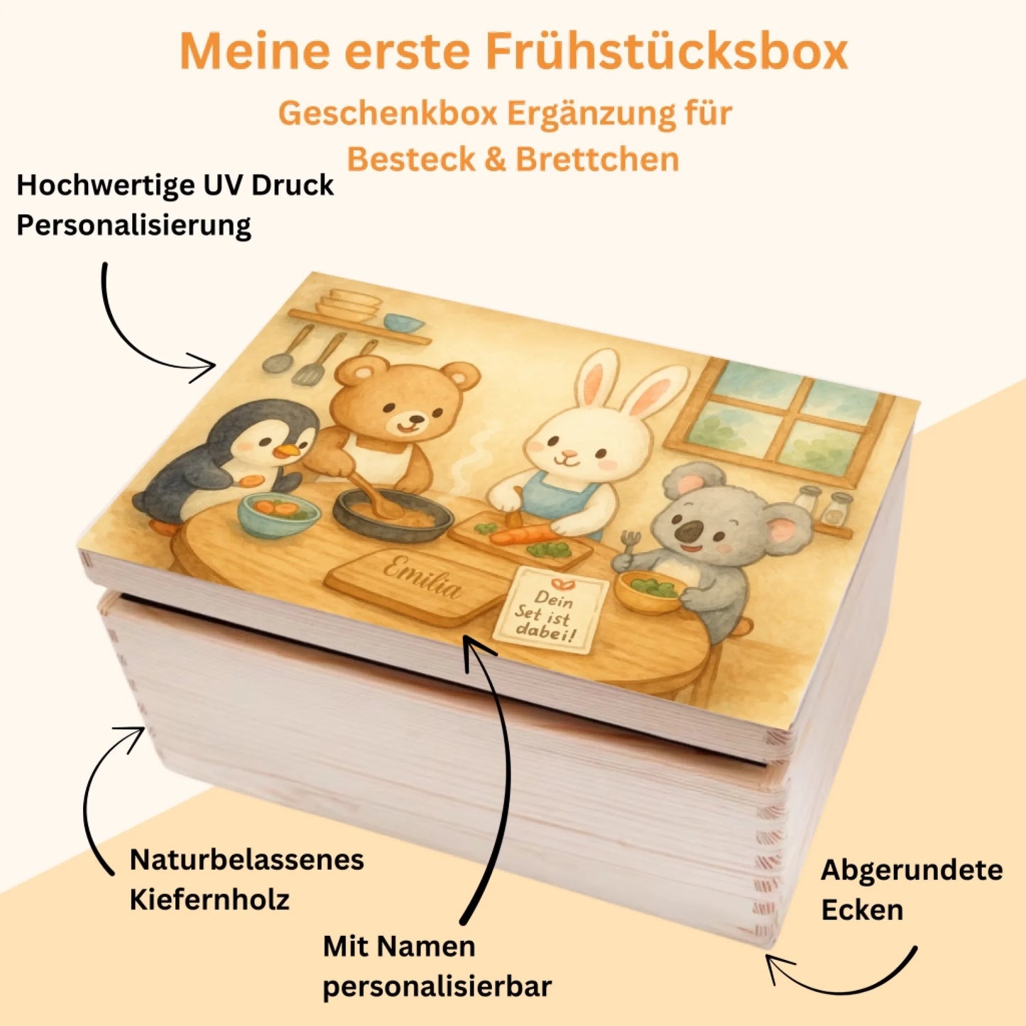 Geschenkset zur Geburt: Frühstücksbox mit Besteck und Namensgravur