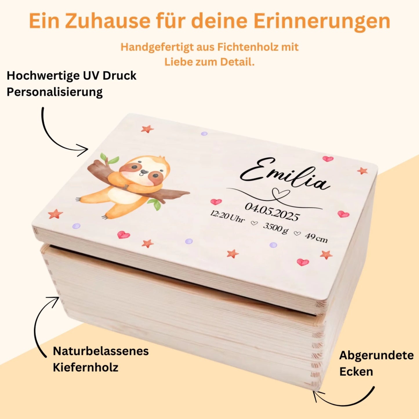 Personalisierte Holzkiste als liebevolle Erinnerungskiste – Geschenkidee zur Geburt oder Taufe für Kinder.