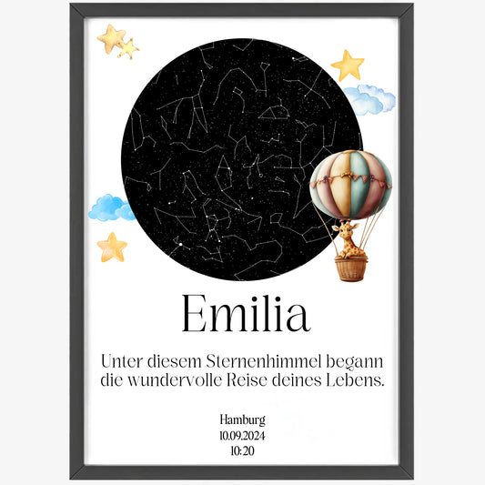 Personalisierte Sternenkarte mit Herzform und Tiermotiv als Geschenk zur Geburt