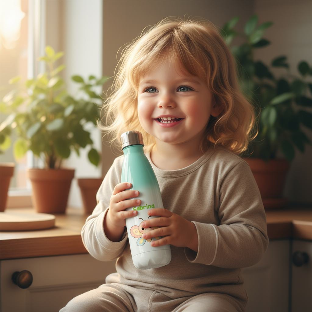 Kleines Kind hält personalisierte Edelstahl-Thermoflasche mit Schmetterlingsmotiv in Türkis.