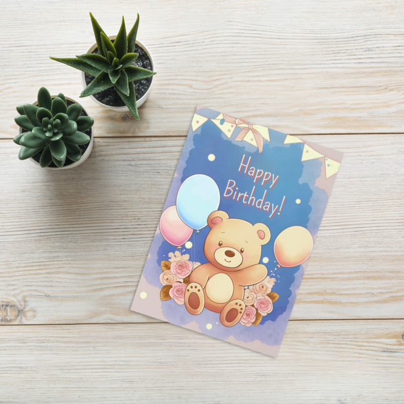 Happy Birthday Karte für Kinder mit Bärchen und Blumen – liebevoll gestaltet und gedruckt auf Premium-Papier