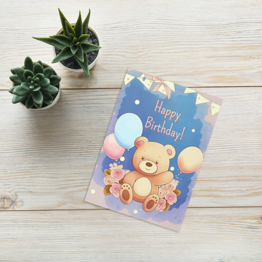 Happy Birthday Karte für Kinder mit Bärchen und Blumen – liebevoll gestaltet und gedruckt auf Premium-Papier
