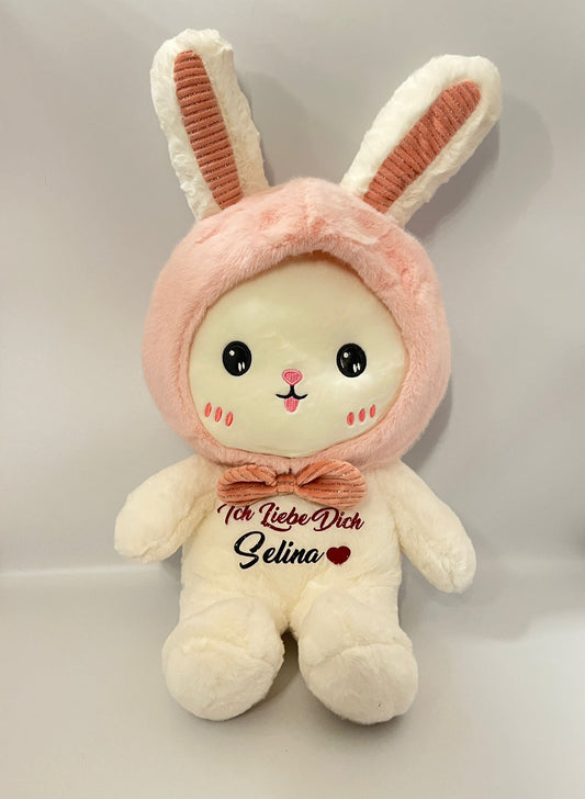 Schneehase Kuscheltier frontal – 100 % Premium-Plüsch mit Namensstick