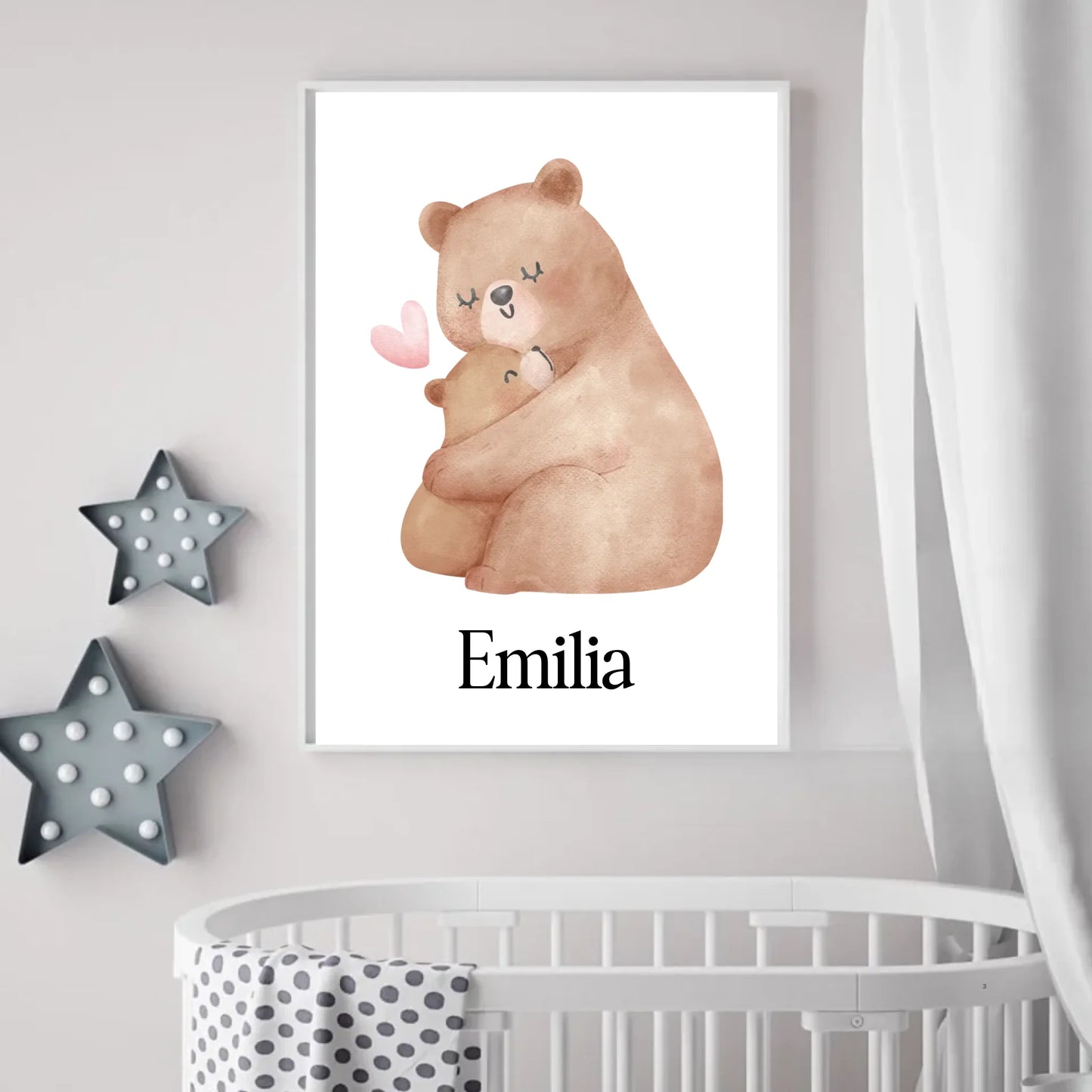 Geschenk zur Geburt: Poster mit Teddymotiv und Namen im Holzrahmen