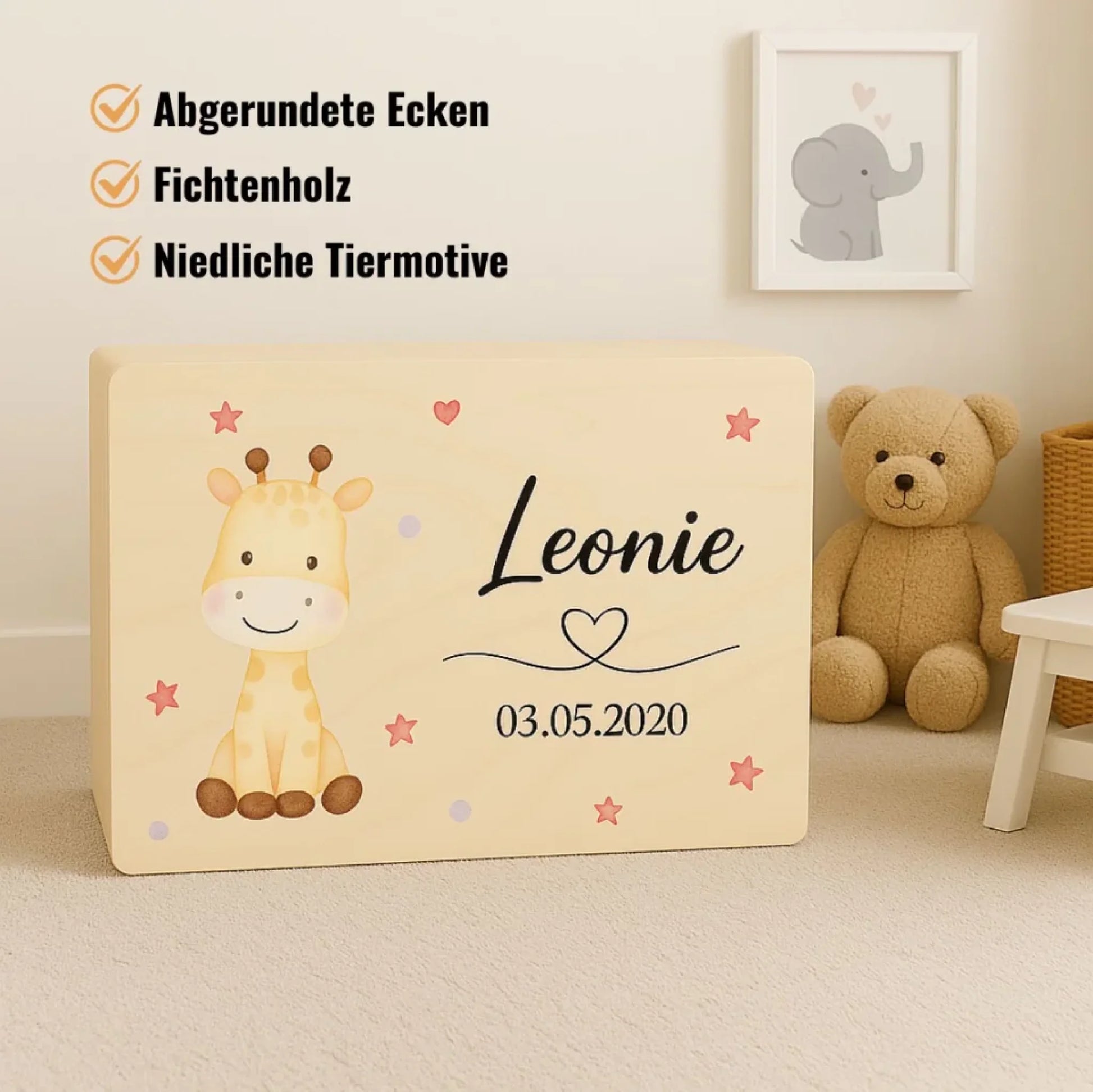 "Hochwertige Holz-Schatzkiste mit personalisiertem Tierdesign – Erinnerungsbox für Babyfotos, erste Haarlocken und kleine Schätze."