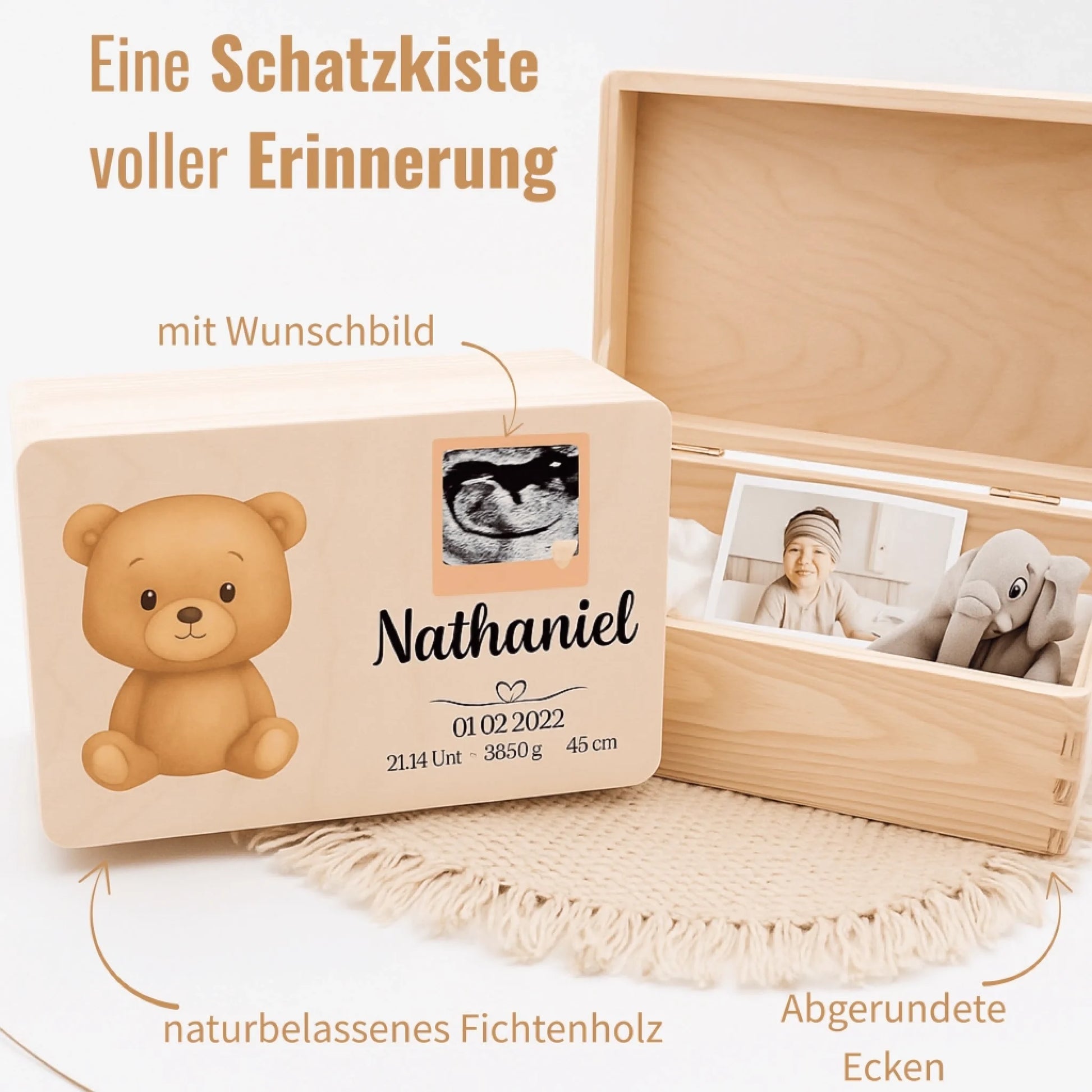 Personalisierte Teddy Schatzkiste aus Holz mit Aquarell-Tiermotiv – Aufbewahrung für Baby-Erinnerungen wie Fotos und Schnuller.