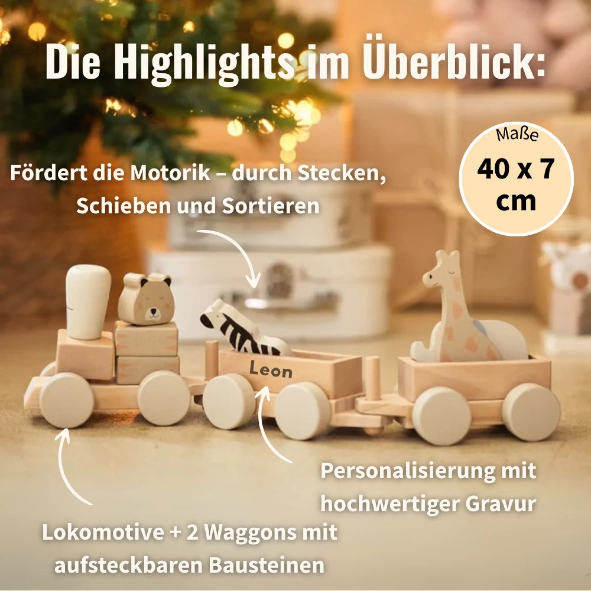 Holzeisenbahn für Kleinkinder mit Safari-Tieren – personalisierbar mit Namen, ab 20 Monaten geeignet