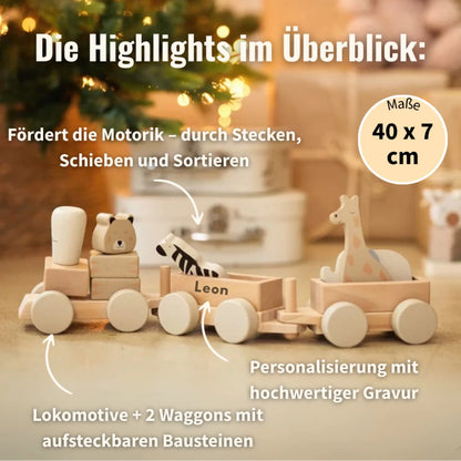 Holzeisenbahn für Kleinkinder mit Safari-Tieren – personalisierbar mit Namen, ab 20 Monaten geeignet