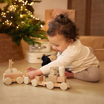 Personalisierte Holzeisenbahn mit Tieren und Name – nachhaltiges Spielzeug ab 20 Monaten