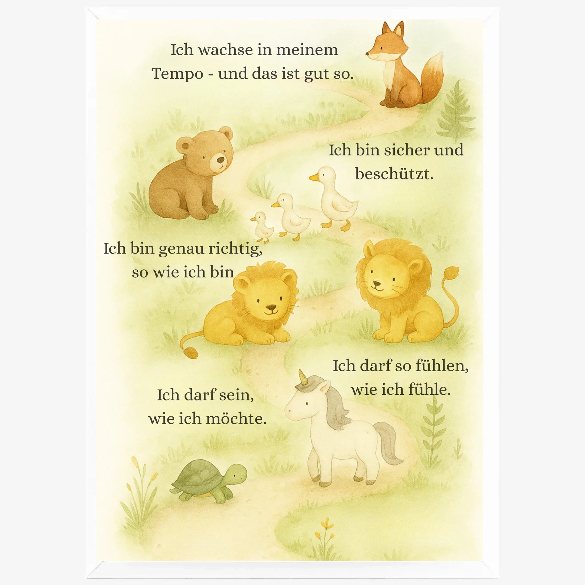 Kinderposter mit Affirmationen als Geschenkidee zur Geburt oder zum Geburtstag – mit süßen Tieren und emotionalen Aussagen für mehr Selbstliebe.