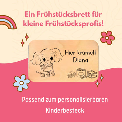 Personalisiertes Frühstücksbrett mit Namen für Kinder – liebevoll graviertes Holzbrett mit Tiermotiv, ideal als Geschenk zur Einschulung oder zum Geburtstag