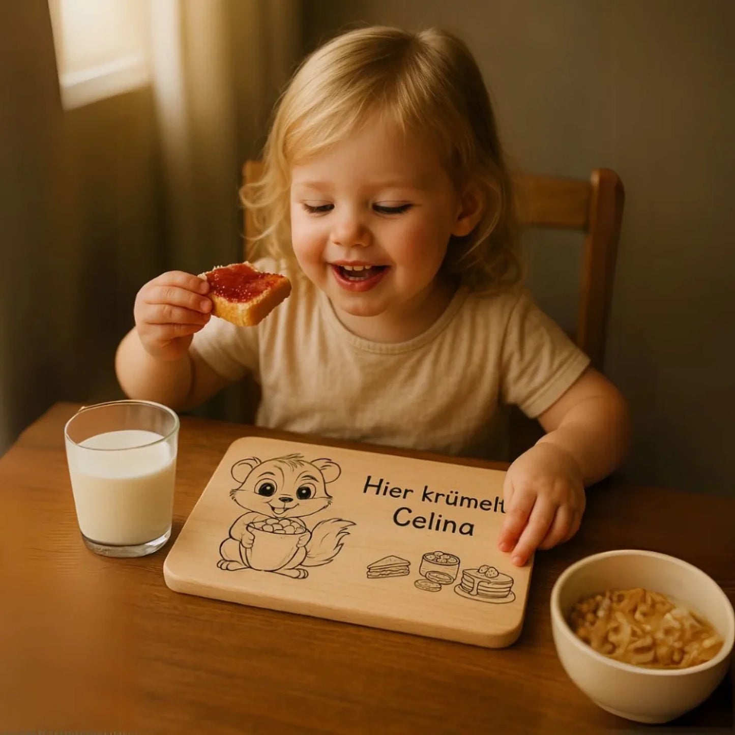 Kinder Frühstücksbrett mit individueller Namensgravur – nachhaltiges Holzbrett für Frühstück und Pausensnack, kindgerecht gestaltet