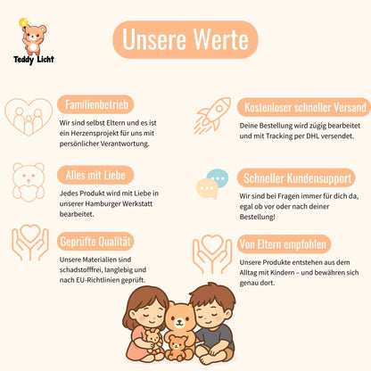 Unsere Werte bei Teddy Licht – liebevoll gestaltete Grafik mit USP-Icons zu Familienbetrieb, Qualität, Versand & Kundensupport.