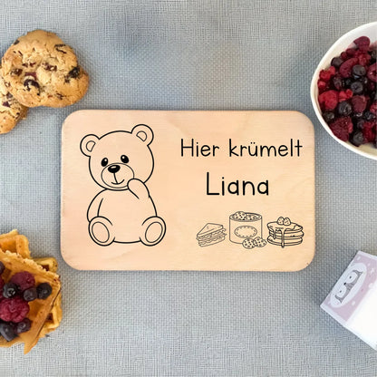 Individuelles Holzbrett für Kinder – personalisiertes Frühstücksbrett mit Namen und verspieltem Motiv, perfekt für Kita oder Zuhause