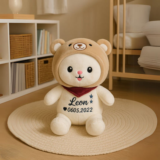 Individuell bestickter Teddy aus 100 % Plüsch – ideales Geschenk für Babys, mit Wunschname und Datum personalisiert