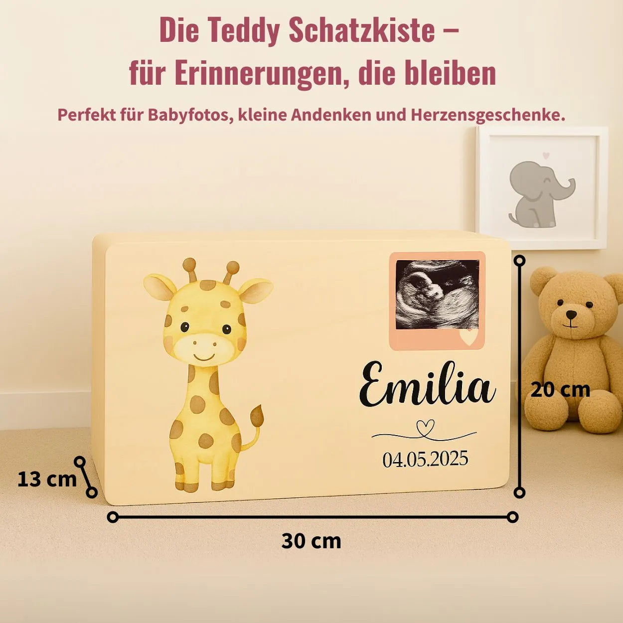 "Personalisierte Teddy Schatzkiste aus Holz mit niedlichem Aquarell-Tiermotiv, individuell graviert mit Namen und Geburtsdaten – ideal zur Aufbewahrung von Baby-Erinnerungen wie Fotos, Schnullern und ersten Haarlocken."