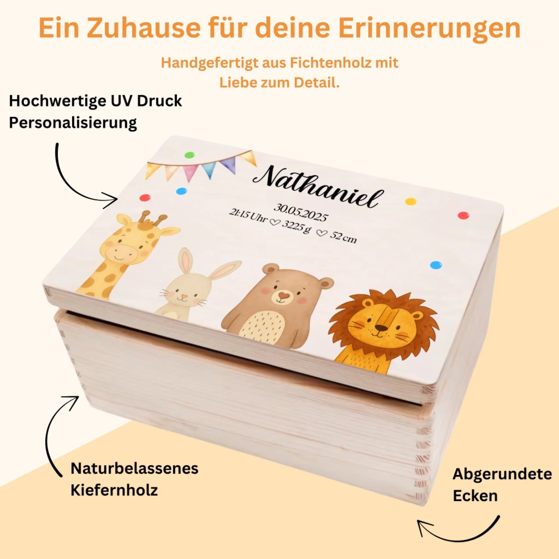 Holzbox für Baby-Erinnerungen, personalisiert mit Daten – kindgerechtes Design mit bunten Konfetti-Elementen und Tierillustrationen auf Naturholz.