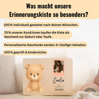 Geburtserinnerungskiste mit Löwen-Motiv und Foto – liebevoll gestaltet mit Namen und Datum