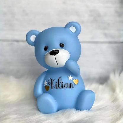 blaue Kinderzimmerlampe mit Namensgravur in Weiß – LED aus – emotionales Geschenk zur Geburt