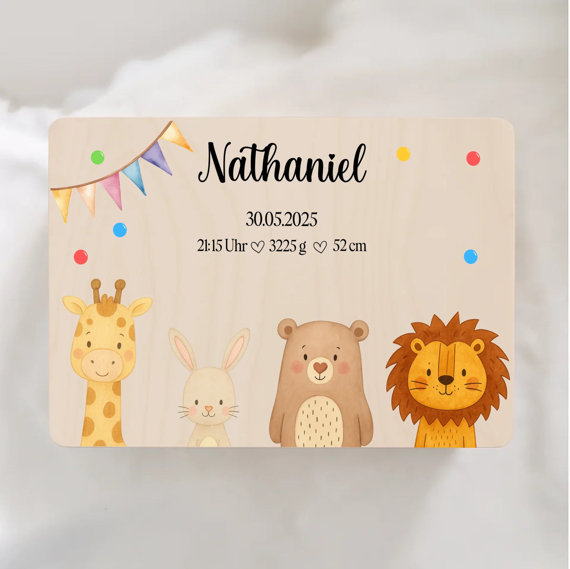 Personalisierte Erinnerungskiste mit Name Emilia und bunten Aquarell-Tieren auf dem Deckel