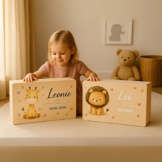 Personalisierte Erinnerungskiste aus Holz mit Tiermotiv – Geschenkidee zur Geburt oder Taufe für Kinder