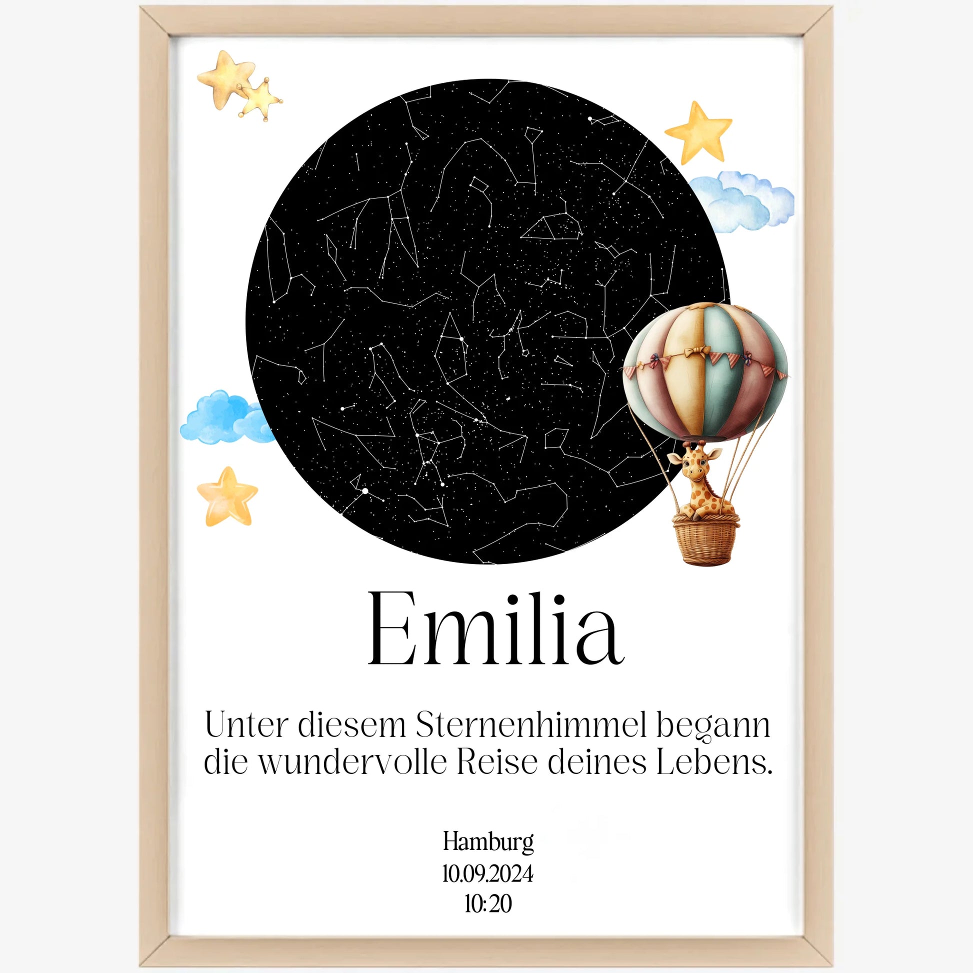 Emotionales Poster mit echtem Sternenhimmel und Geburtszeit für Kinderzimmer