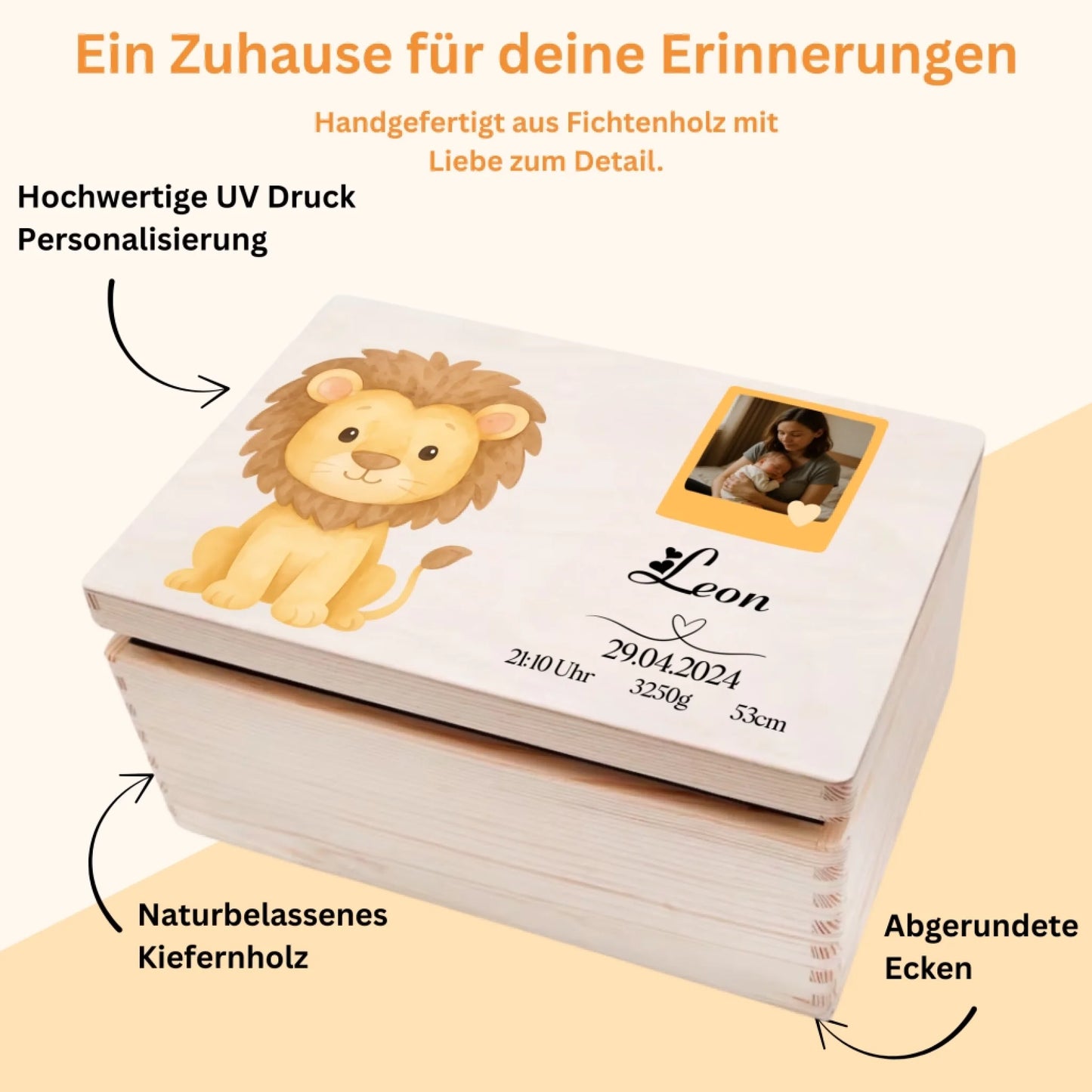 Schatzkiste für Babys mit Namen, Geburtsdatum und Wunschfoto – FSC-zertifiziertes Fichtenholz