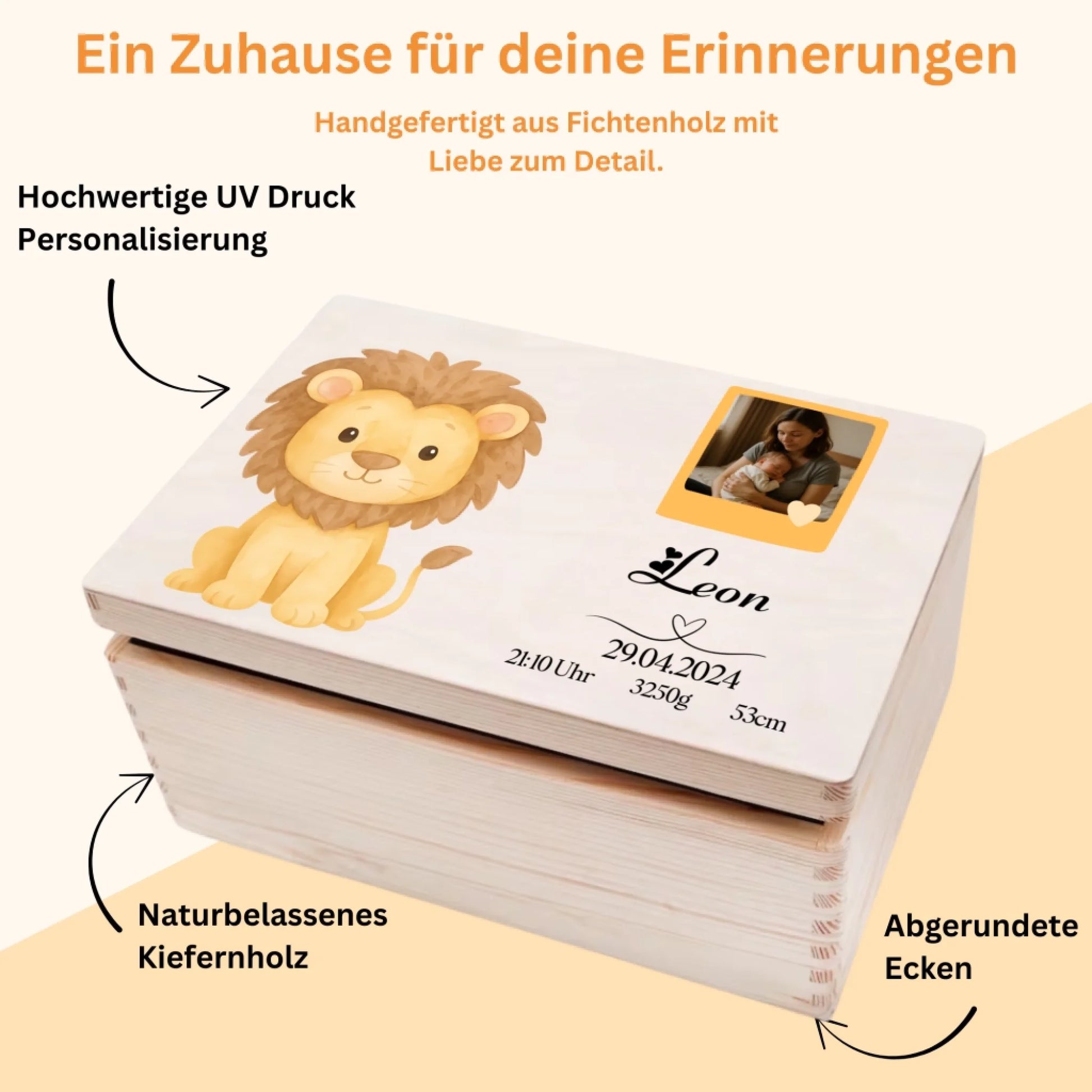 Schatzkiste für Babys mit Namen, Geburtsdatum und Wunschfoto – FSC-zertifiziertes Fichtenholz