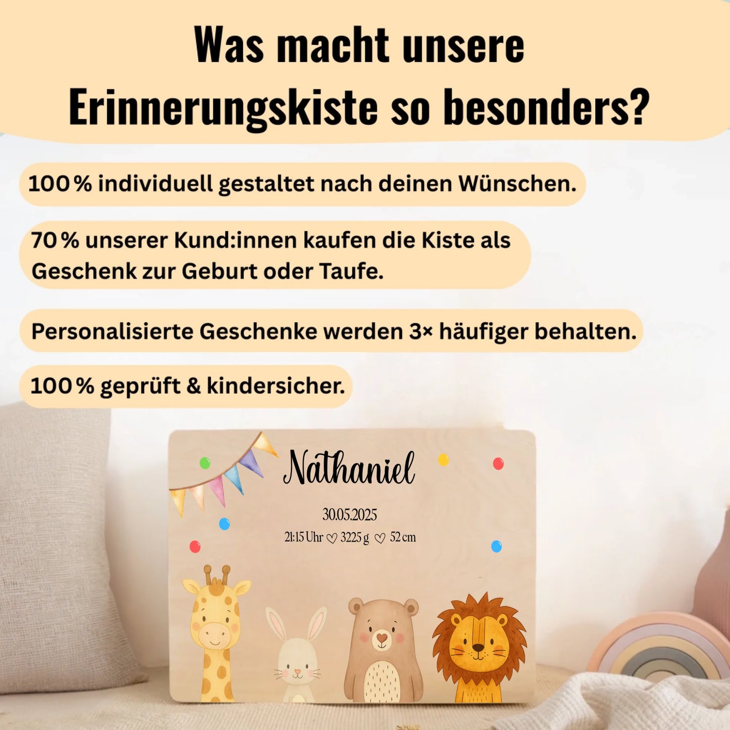 Geschenk zur Geburt: personalisierte Erinnerungskiste aus FSC-Holz mit Name und Datum – Tiermotive im Aquarellstil und farbenfroher Dekor.
