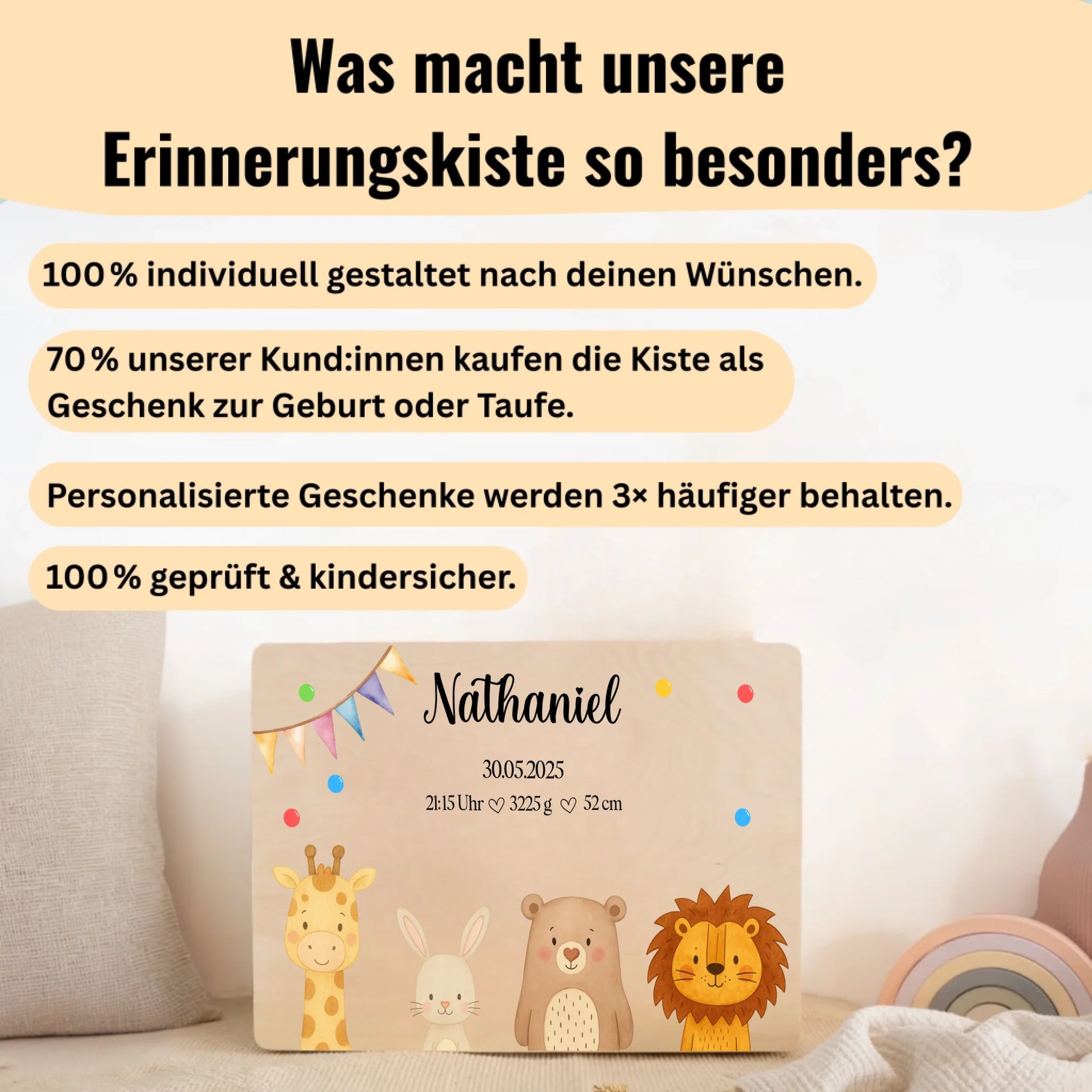 Geschenk zur Geburt: personalisierte Erinnerungskiste aus FSC-Holz mit Name und Datum – Tiermotive im Aquarellstil und farbenfroher Dekor.
