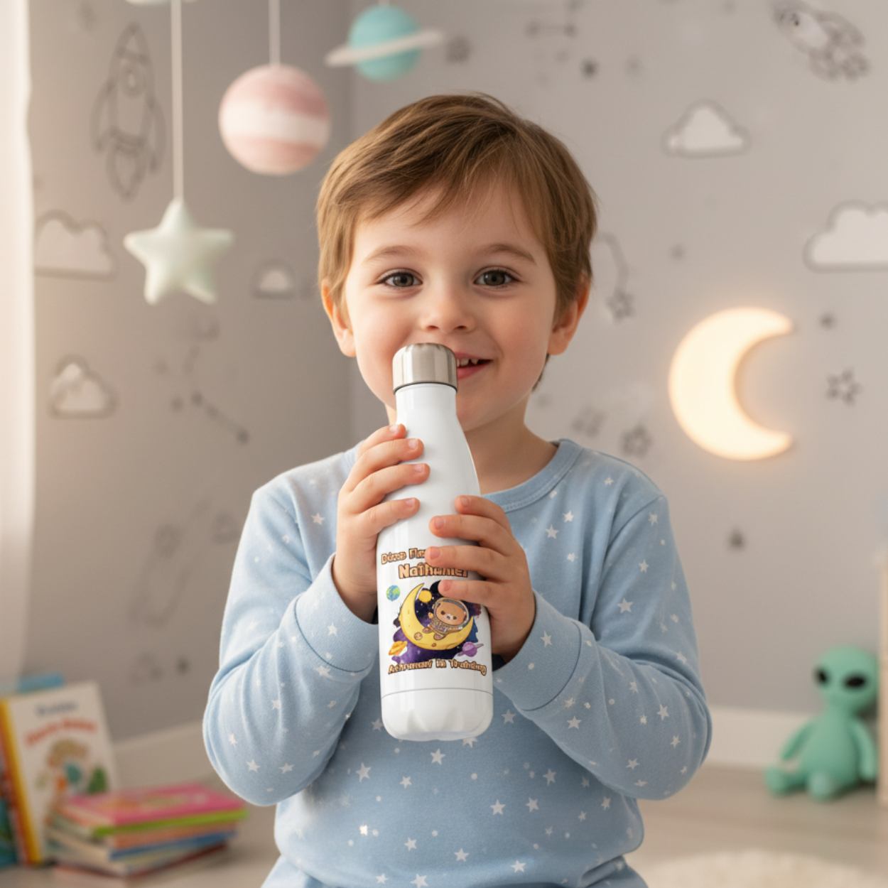 Personalisierte Kinder-Trinkflasche mit niedlichem Astronauten-Motiv und Namensaufdruck, perfekt für Kindergarten oder Schule.