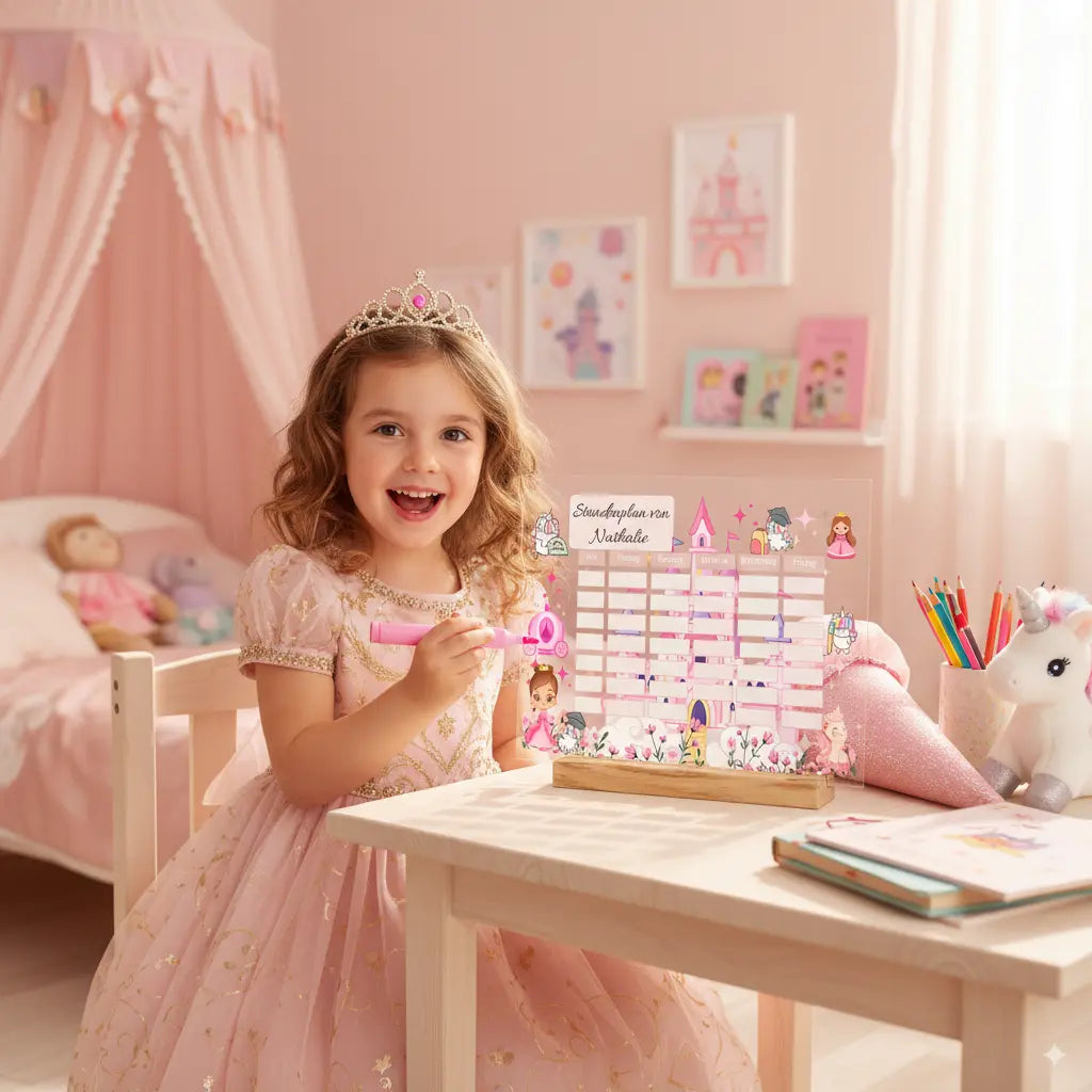 Mädchen im Prinzessinnenkleid sitzt am Schreibtisch und schreibt mit einem Stift auf einen personalisierten Stundenplan aus Acrylglas mit Holzständer – perfektes Geschenk zum Schulstart für Kinder.