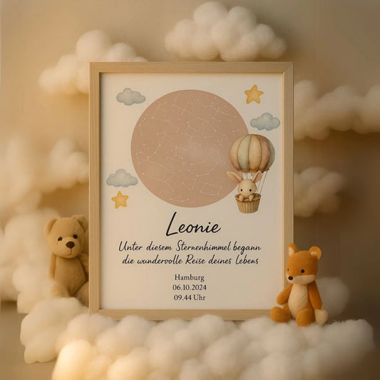 Personalisierte Sternenkarte mit Herzform und Tiermotiv als Geschenk zur Geburt
