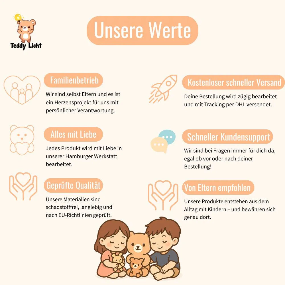 Teddy Licht Unsere Werte – Familienbetrieb, geprüfte Qualität und liebevoll gefertigte Produkte für Kinder