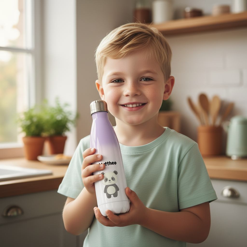 Junge hält personalisierte Kinder-Thermoflasche aus Edelstahl mit Schildkrötenmotiv.