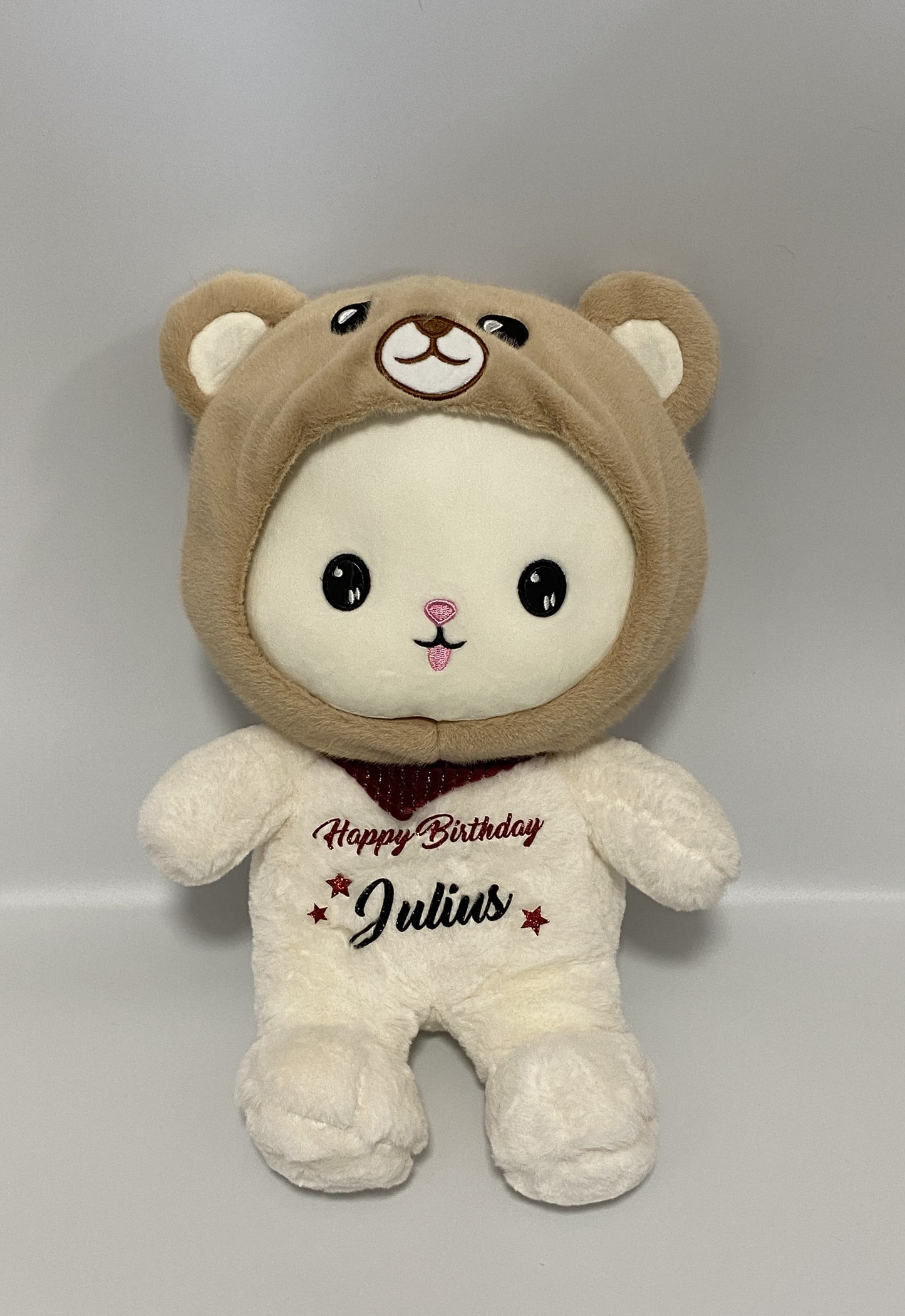Kuscheltier mit Namen und Datum personalisiert – hochwertiger Teddy aus waschbarem Plüsch, exklusiv bei teddylicht.de